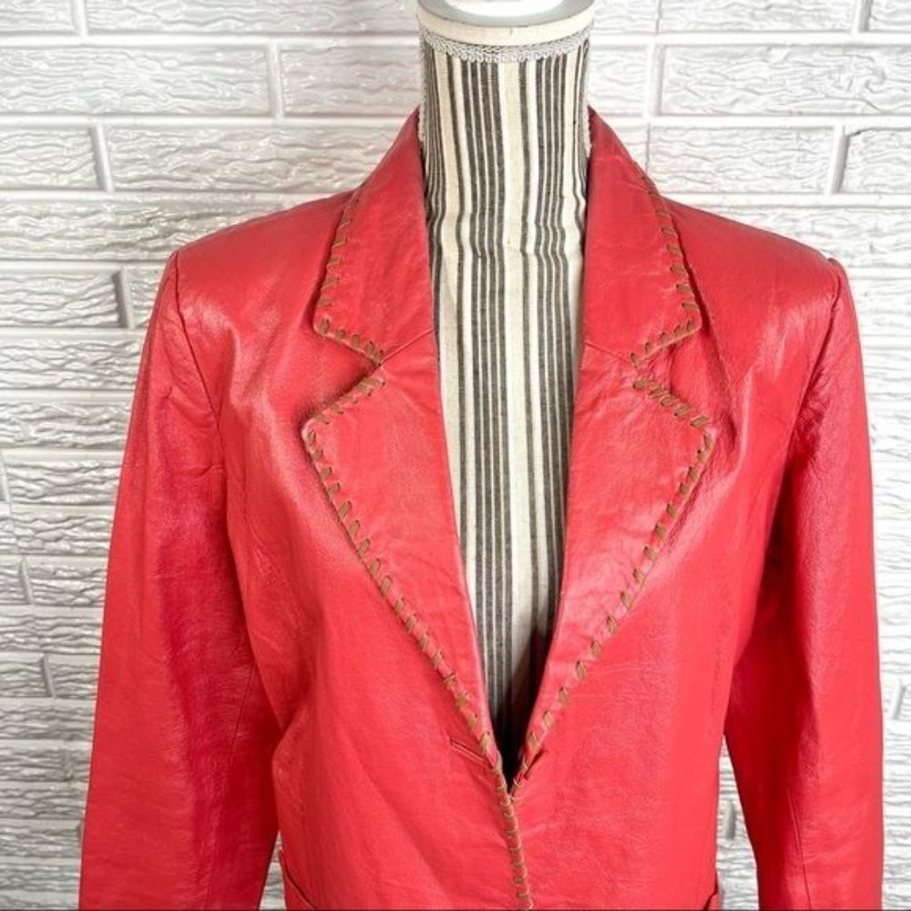 Vintage Metro Style Coral Genuine Leather Size 16 Tan Embroidered Trim - Picture 2 of 9